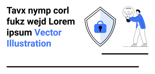 Shield with lock symbol represents security, paired with person holding lightbulb to signify innovation. Ideal for technology, cybersecurity, creativity, protection, innovation, safety, flat landing