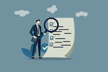 Inspect or review document, report or legal audit, quality assurance, search for document, information or research, investigate, proof or checking concept, businessman with magnifier inspect document.