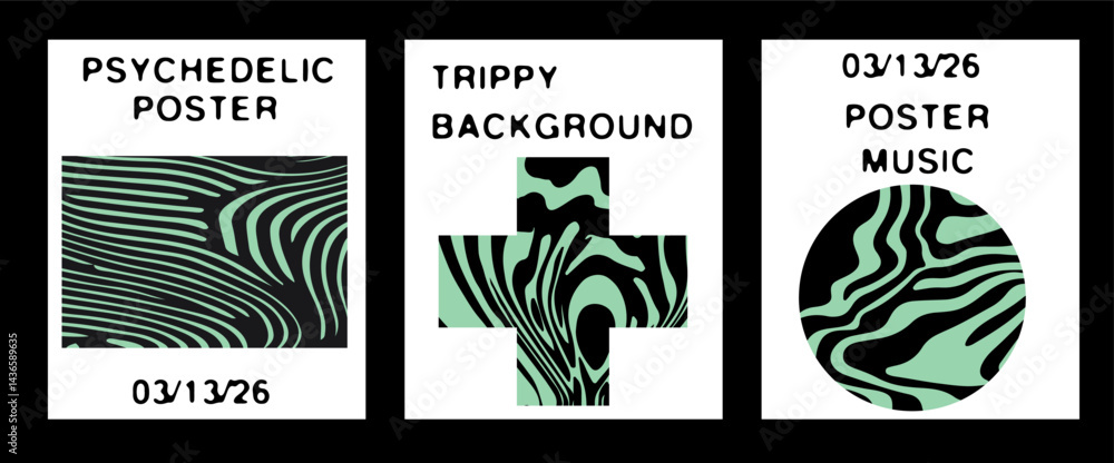 Poster modern vector posters with psychedelic, trippy patterns inside geometric rectangle, cross, and circl