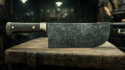 Weathered cleaver, dark steel blade, wooden handle, rustic setting