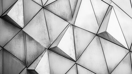 Abstract grayscale image of a geometric triangular metal facade.