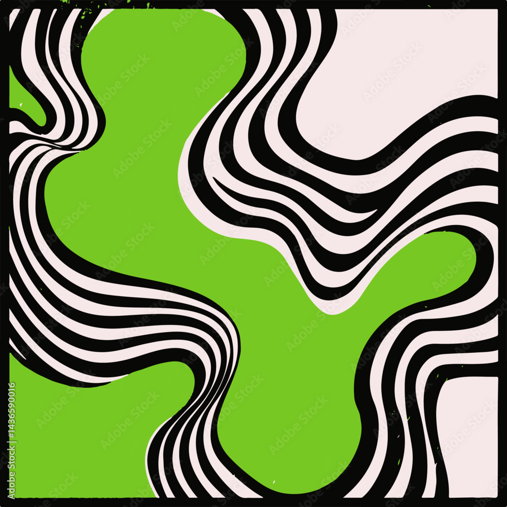 Leinwandbilder abstract vector illustration with flowing wavy lines, green, black, and cream colors, creating an op