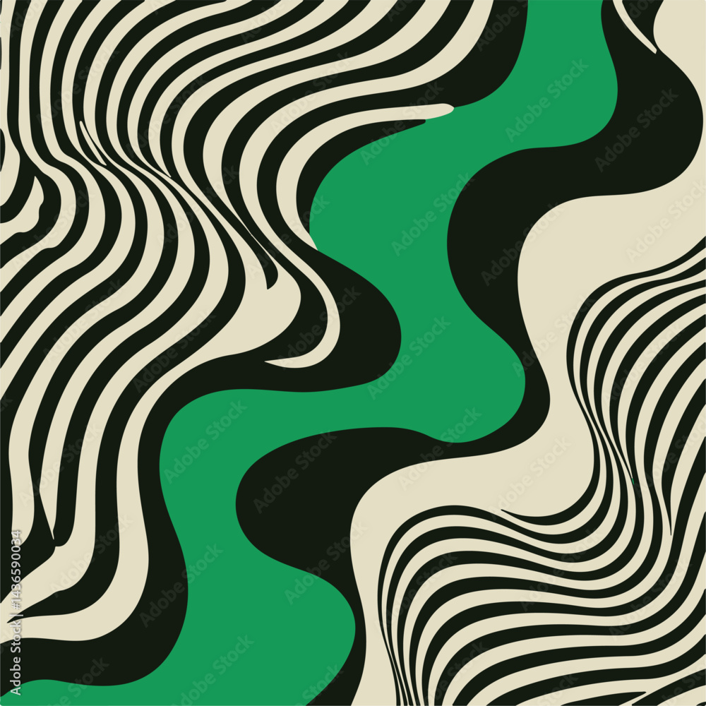 Poster Abstract vector illustration with flowing wavy lines, green, black, and cream colors, creating an optical illusion and dynamic movement effect in a modern op-art style.