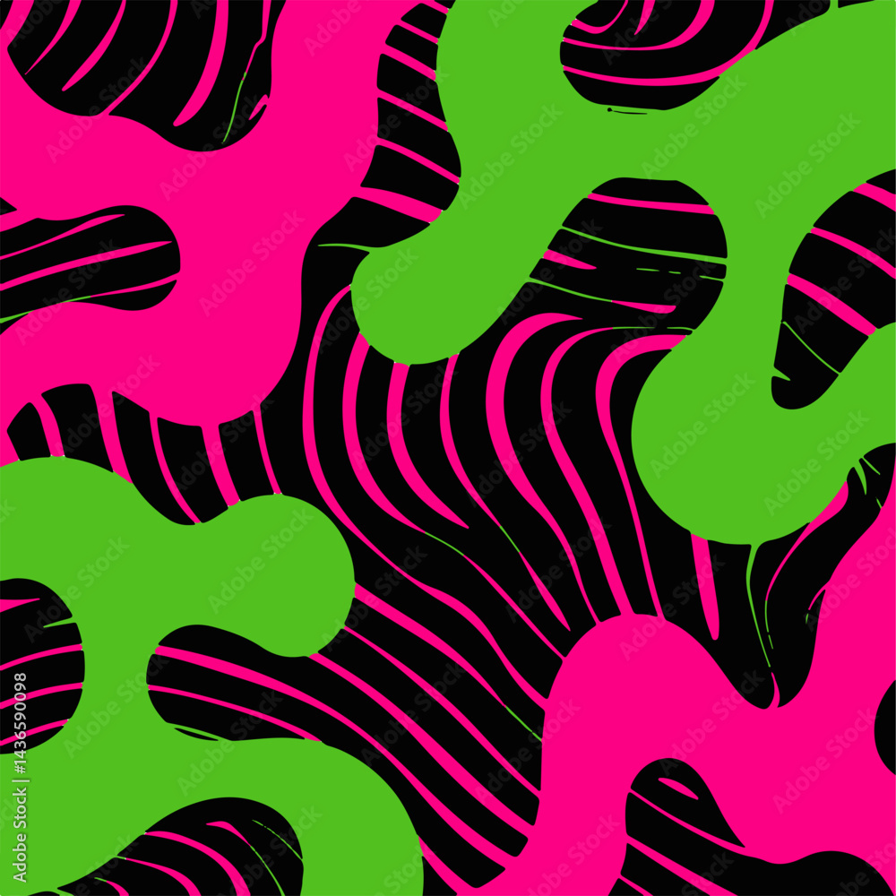 Poster abstract vector illustration with flowing green and pink wavy lines on a black background, creating 