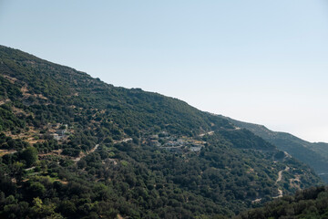 Mountainous landscape covered with sparse flora in Mediterranean region