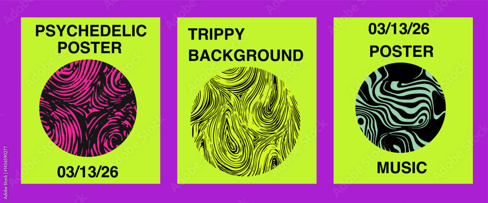 Poster Bright vector illustration featuring three psychedelic posters with abstract, trippy circular patterns and bold text on neon backgrounds, ideal for music or event promotions.
