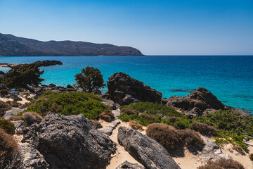 Landscape with a coastline of Mediterranean Sea as seen from Kedrodasos Beach on the island of Crete