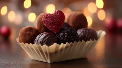 Assortment of chocolate truffles in a paper cup, adorned with a red glitter heart.  Warm, romantic Valentine's Day setting with bokeh lights in background
