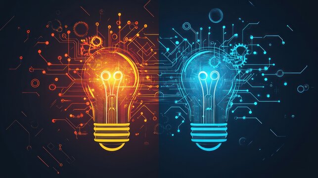 Dual glowing lightbulbs, circuit boards, technology, innovation, abstract background; website banner