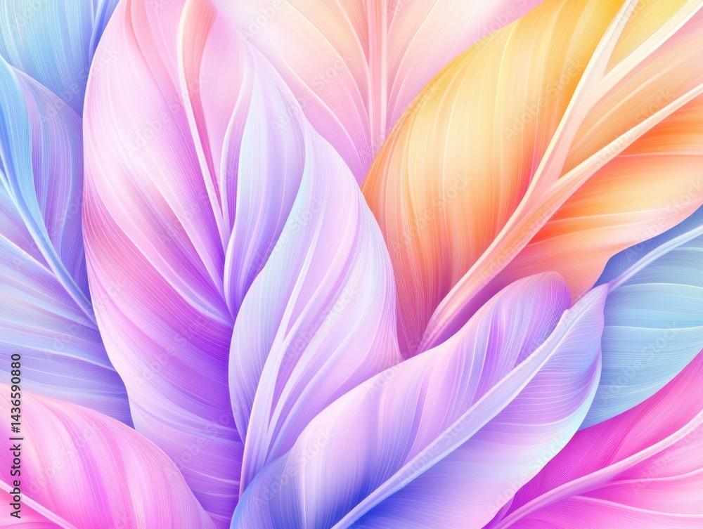 Poster pastel-colored leaves, overlapping and creating a vibrant, abstract design. smooth gradients and sof