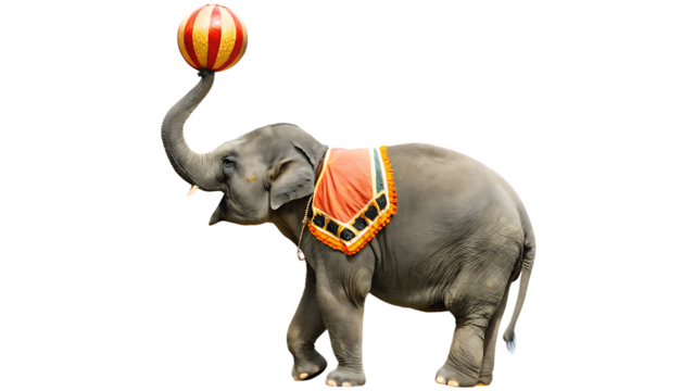 circus elephant balancing ball on trunk with isolated on white background PNG
