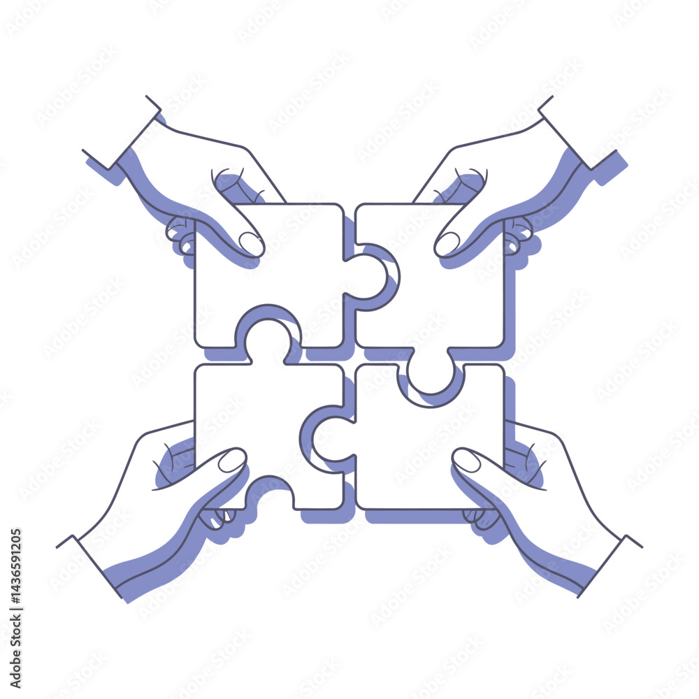 Poster hands holding puzzle pieces illustrating teamwork cooperation and problem solving strategy solution 