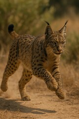 Obraz premium Iberian lynx mid-leap across dry terrain, dynamic motion scene. AI-generated