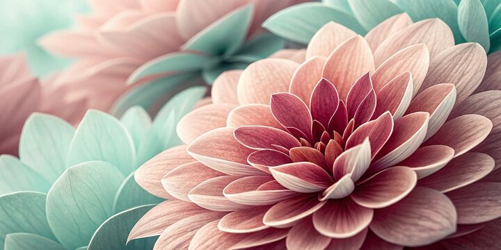 Abstract close-up texture of soft flower petals in shades of burgundy, almond, and mint, light and layered effect, soothing and feminine, mental health inspired, gentle gradients, dreamlike and minima