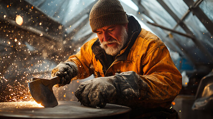 Metalworker Using Angle Grinder in Workshop