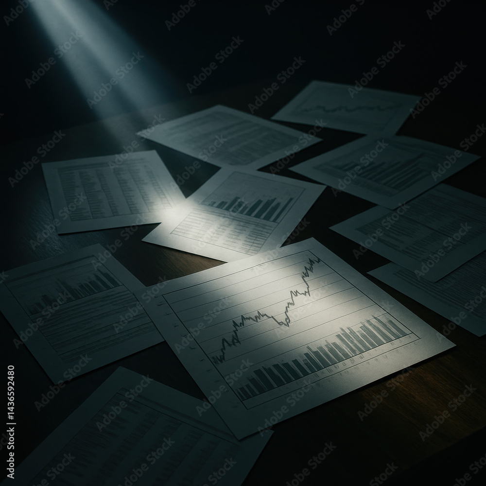 Poster analyzing financial data, image showcases various printed graphs and charts illuminated by beam of l