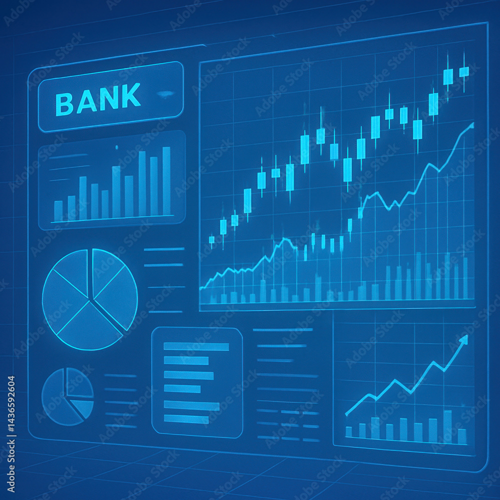 Poster digital bank dashboard with financial graphs, charts, and data visualizations showcasing growth tren