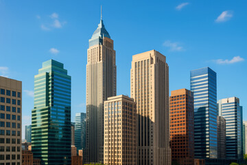 Fototapeta premium Modern skyscrapers dominate skyline, showcasing blend of glass and steel architecture under clear blue sky. vibrant colors and varying heights create dynamic urban landscape