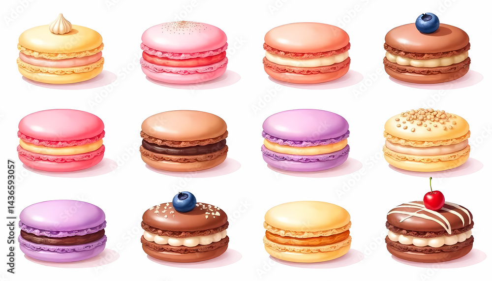 Poster a delightful array of macarons in various colors and flavors, elegantly presented.