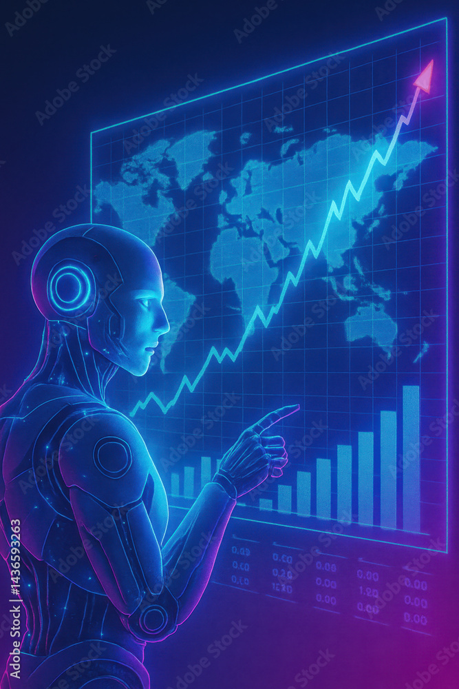 Poster futuristic robot analyzes data on digital screen, showcasing world map and rising graph. vibrant blu