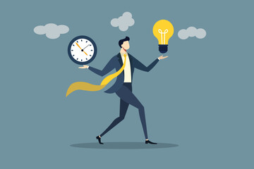 Time management, efficiency, productivity to finish work, delegation, finish tasks, prioritize responsibility, manage schedule, planning concept, businessman holding time clock with pie chart routine.