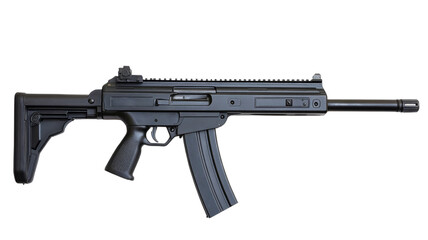 Modern black assault rifle isolated on transparent background