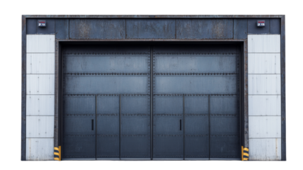 Large industrial metal door securing a building with transparent background
