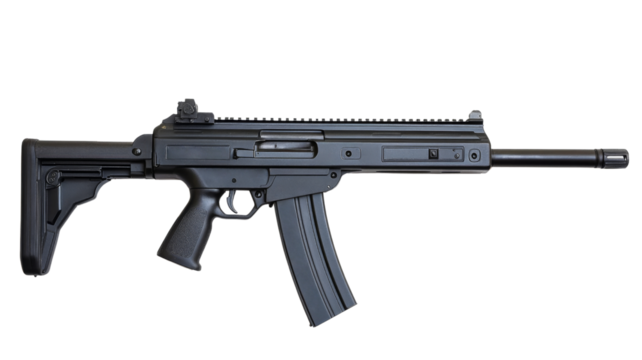 Modern black assault rifle isolated on transparent background