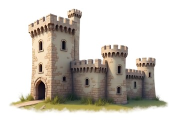 Historic Castle Tower with Battlements and Arched Windows Isolated on White Background