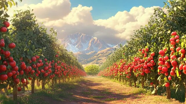 Walking Path Through Orchard with Red Fruit Trees Mountain View