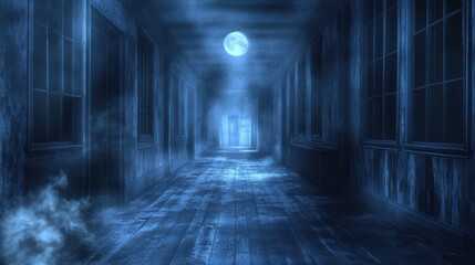 Fototapeta premium Long, moonlit hallway in an old magical school, dust motes visible in the faint light, anime style, nighttime 