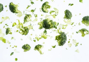 Broccoli florets in mid-air, fresh and vibrant