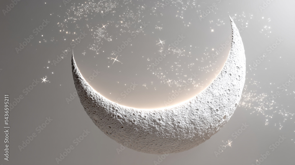 Poster crescent moon with textured surface, glowing softly, surrounded by sparkling dust, evocative of nigh