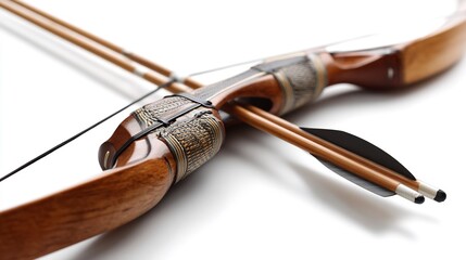 Intricate wooden recurve bow with arrows, poised against a clean backdrop showcasing craftsmanship