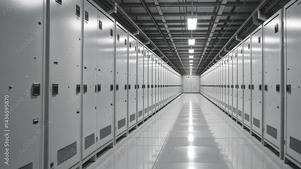 Poster data center server room: long shot of rows of white servers in a modern, clean, and secure facility.