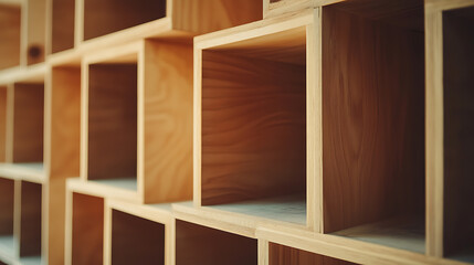 Fototapeta premium Modern Wooden Shelving Unit with Cube Compartments