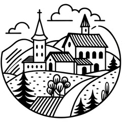 Fototapeta premium Whimsical Village Line Art Silhouette