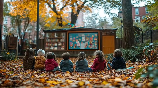 Children seated outdoors in autumn leaves, by a wooden structure with colorful display
