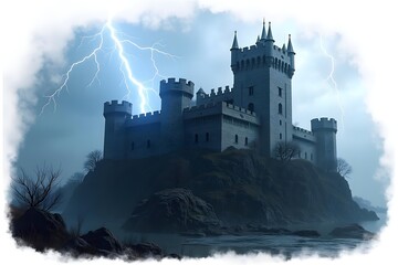 Naklejka premium Dramatic lightning striking near a Gothic castle keep isolated on a white background