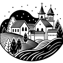 Fototapeta premium Whimsical Village Line Art Silhouette