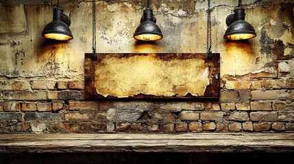 Vintage weathered brick wall, lights, blank sign