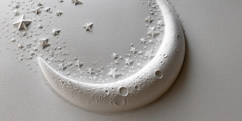 Crescent moon with embossed stars, textured surface,  suggests night sky, dreamlike atmosphere, ideal for background or design element