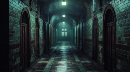 Long, empty hallway in a magic school, old wooden doors on either side, faint moonlight filtering in, anime style, nighttime