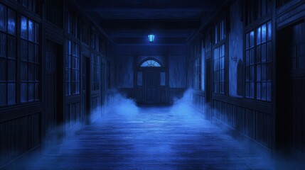 Fototapeta premium Long, empty hallway in a magic school, old wooden doors on either side, faint moonlight filtering in, anime style, nighttime
