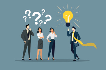 Question answer, advice or suggestion, solving problem with solution, q and a or faq, quiz or solution discovery, information guidance concept, businessman offer solution for people question marks.