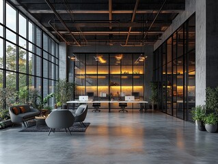 Modern industrial interior design with a spacious, open layout.