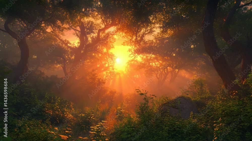 Aufkleber breathtaking sunset illuminating a dense forest with rays of light filtering through the trees