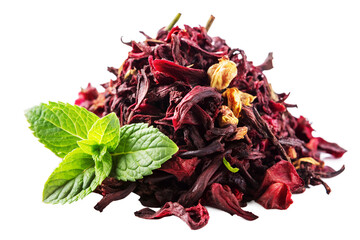 Dried Hibiscus with Fresh Mint Accents. Image isolated on white background. Generative AI