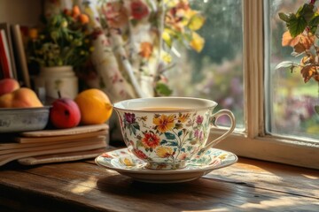 A floral teacup filled with tea sits on a windowsill, bathed in sunlight, with fruit and books nearby.