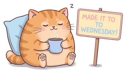 Cute Orange Tabby Cat Enjoying Coffee Hump Day Wednesday Illustration